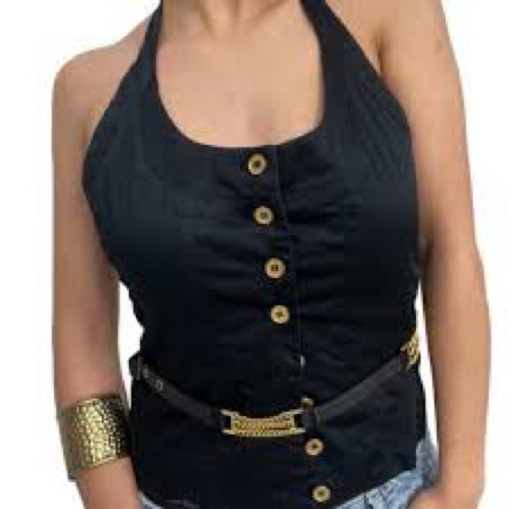 Black Halter Top with Gold Accents by Seductions Size S NWOT